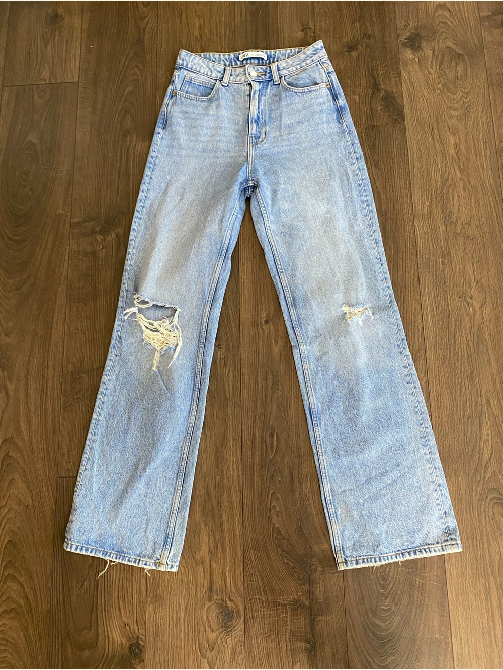 Zara Blue Straight Leg Jeans with Knee Rips - Picture 1 of 7
